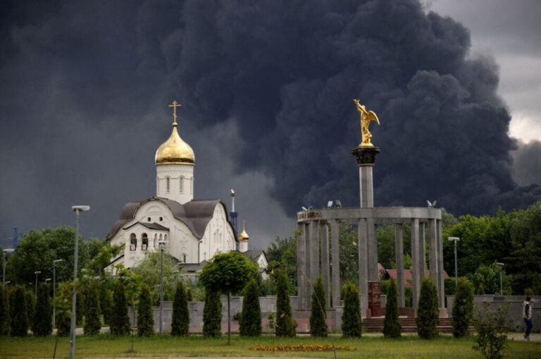 Smoke rises from an oil refinery following a Ukrainian drone attack in Moscow on June 18 in this picture obtained from social media.