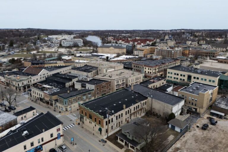An aerial view of Waukesha, Wisconsin on April 1, 2025.