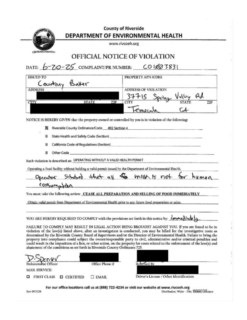 An Official Notice of Violation document from the Riverside County Department of Environmental Health issued to Courtney Baker for operating a food facility without a valid health permit.