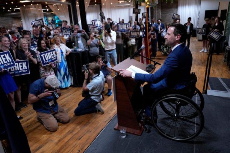 Iowa Democratic US Senate candidate Josh Turek speaks during a primary night rally at The Loft on June 2, in Des Moines, Iowa.