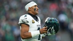 Philadelphia Eagles quarterback Jalen Hurts stands on the field during his team's loss to the Jacksonville Jaguars on October 11.