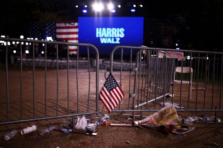 A flag is left at the event held by Democratic presidential nominee US Vice President Kamala Harris during Election Night, at Howard University, in Washington, on November 6, 2024.
