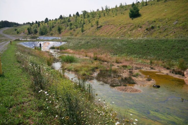 A basin collects polluted water flowing from a former coal mine in Mount Storm, West Virginia, on August 12.