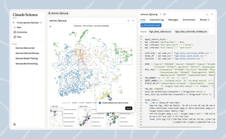The interface of Claude Science, Anthropic's recently debuted AI tool for research.