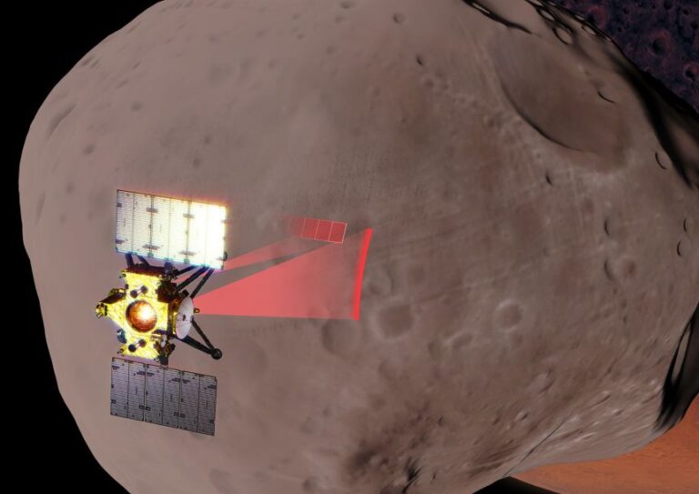 An illustration depicts the MMX spacecraft observing Phobos.