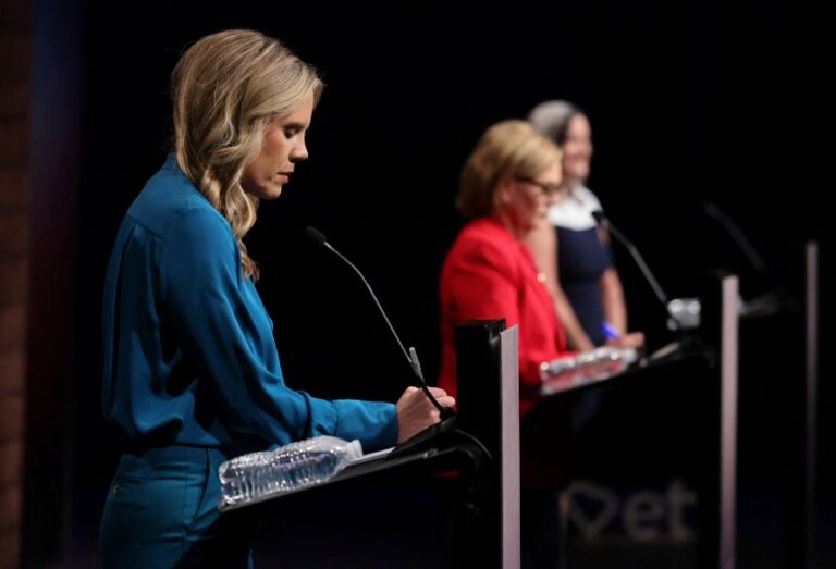 US Senate candidate Democrat Annie Andrews takes notes before a debate with Republican US Sen. Darline Graham and US Senate Libertarian candidate Kasie Whitener in Columbia, South Carolina, on October 11.