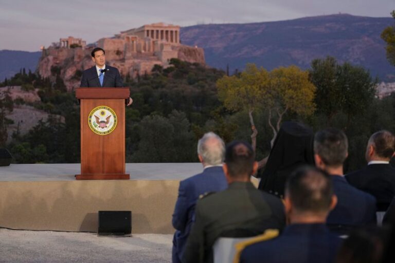 Secretary of State Marco Rubio speaks at the Pnyx hill in Athens, Greece, on Wednesday.