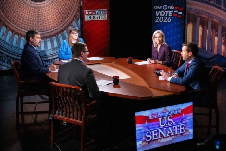 Candidates for US Senate candidates Rep. Ashley Hinson and state Rep. Josh Turek take questions during a debate in Johnston, Iowa, on October 7.