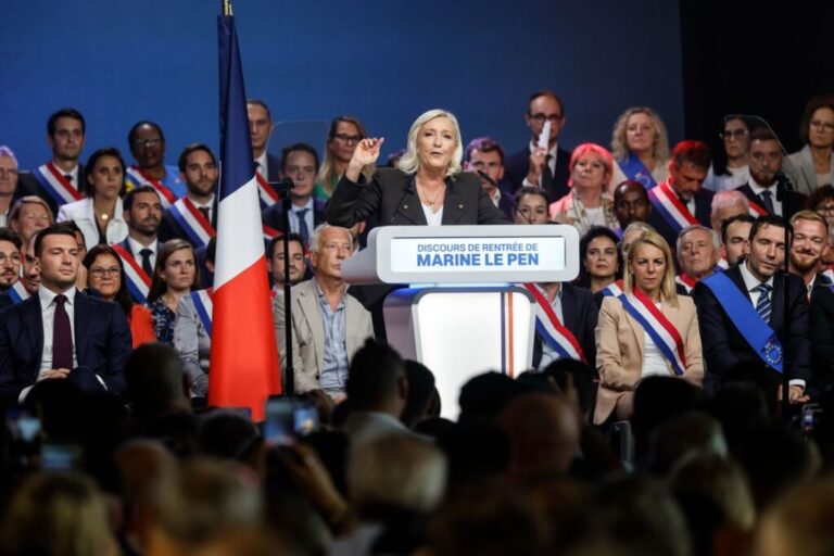 French far-right leader Marine Le Pen delivers her speech on September 13, 2026, in Henin-Beaumont, northern France.
