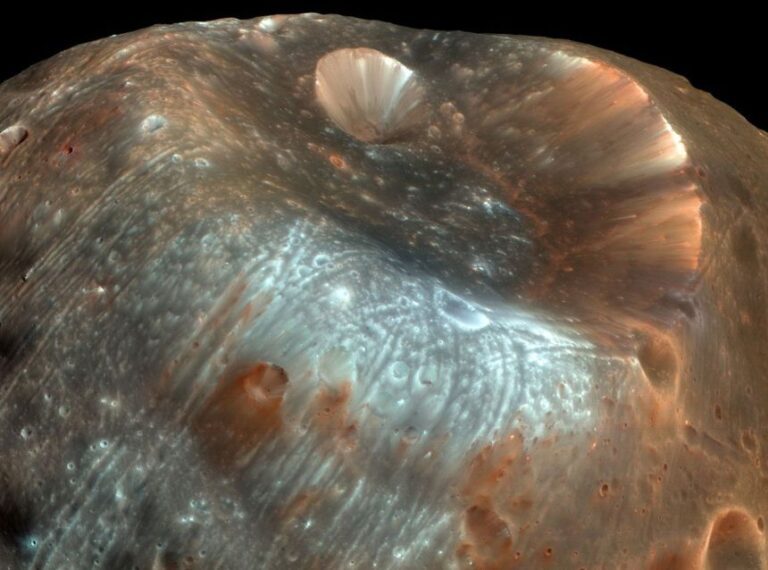 Stickney crater is the defining feature on Phobos, the larger of Mars' two small moons.