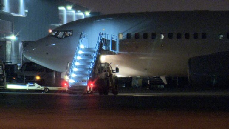 A Department of Homeland Security aircraft, recently acquired for deportation flights, is seen at Dulles International Airport in Virginia on March 6, 2026. This plane is part of the agency’s new fleet for deportations.
