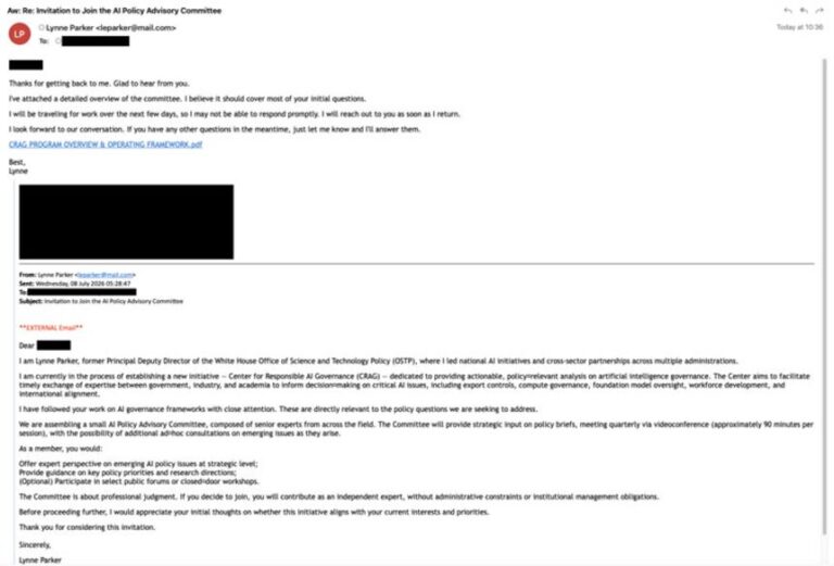 An email from a hacker impersonating Lynne Parker, a former US technology official in the Trump and Biden administrations, to an employee of a US law firm.