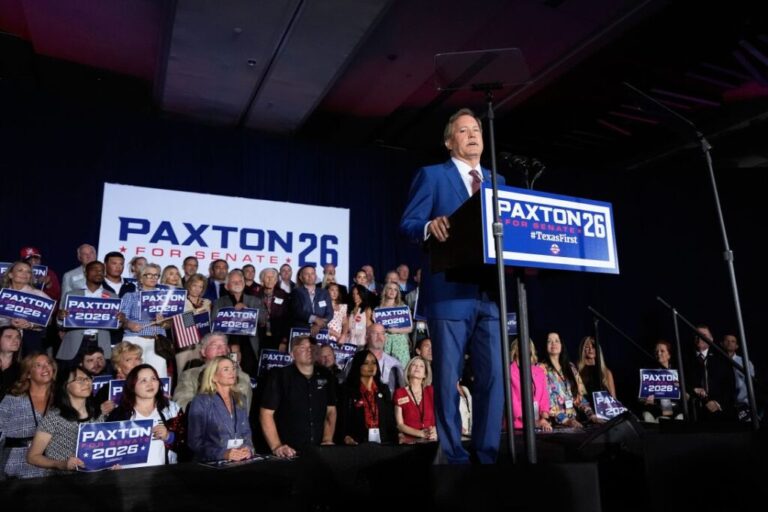 Texas Attorney General Ken Paxton, Republican candidate for the US Senate, speaks during a primary runoff election night event on May 26, 2026, in Plano, Texas.