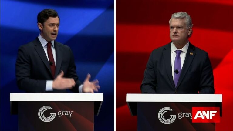 Georgia Democratic Sen. Jon Ossoff and Republican Rep. Mike Collins participate in a debate on Thursday.