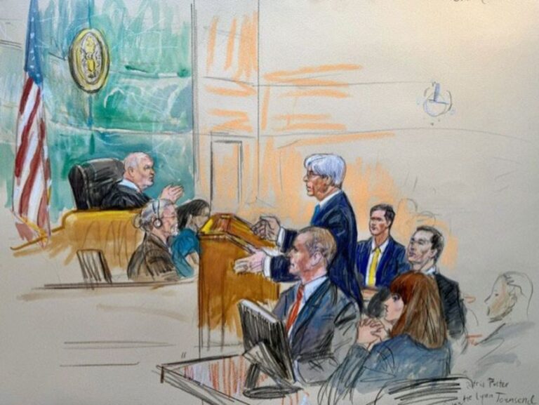 This courtroom sketch shows the DC District Court hearing regarding the White House attempt to ban CNN, MS NOW and Politico, on Thursday, October 8, 2026.