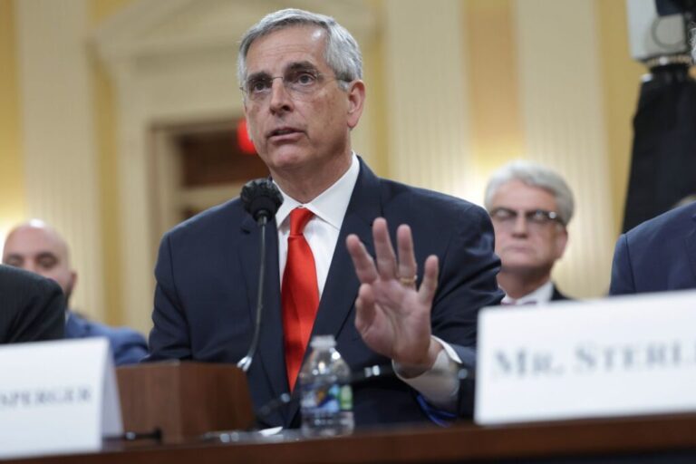WASHINGTON, DC - JUNE 21: Brad Raffensperger, Georgia Secretary of State, testifies during the fourth hearing on the January 6th investigation in the Cannon House Office Building on June 21, 2022 in Washington, DC. The bipartisan committee, which has been gathering evidence for almost a year related to the January 6 attack at the U.S. Capitol, is presenting its findings in a series of televised hearings. On January 6, 2021, supporters of former President Donald Trump attacked the U.S. Capitol Building during an attempt to disrupt a congressional vote to confirm the electoral college win for President Joe Biden. (Photo by Kevin Dietsch/Getty Images)