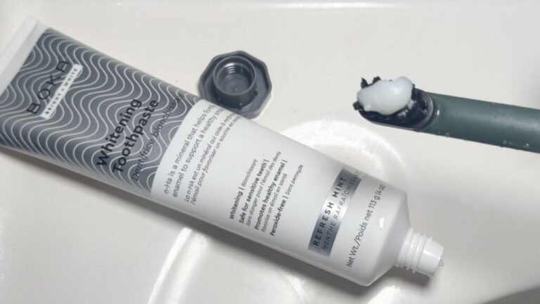 Boka Refresh Mint Whitening n-Ha Toothpaste on bathroom sink next to toothbrush.