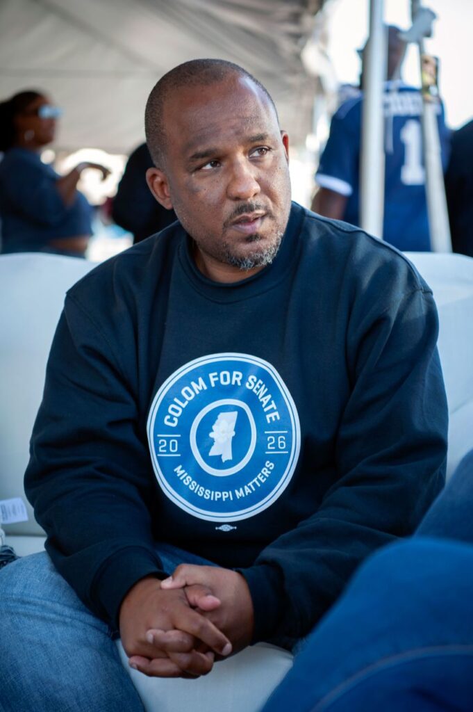 Scott Colum takes part in a livestream interview during Jackson State University tailgating festivities in Jackson, Mississippi, on Saturday.