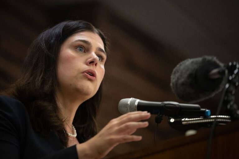 Colorado Secretary of State Jena Griswold speaks during a Democratic Party rally in Denver, on July 2.