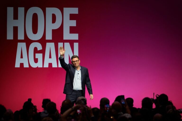 UK Prime Minister Andy Burnham delivers his keynote speech on Day 3 of the Labour Party Conference on September 29, 2026, in Liverpool, England.