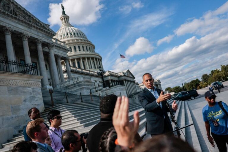 US House Minority Leader Hakeem Jeffries (D-NY) speaks with reporters on Capitol Hill in Washington, DC, on September 30.