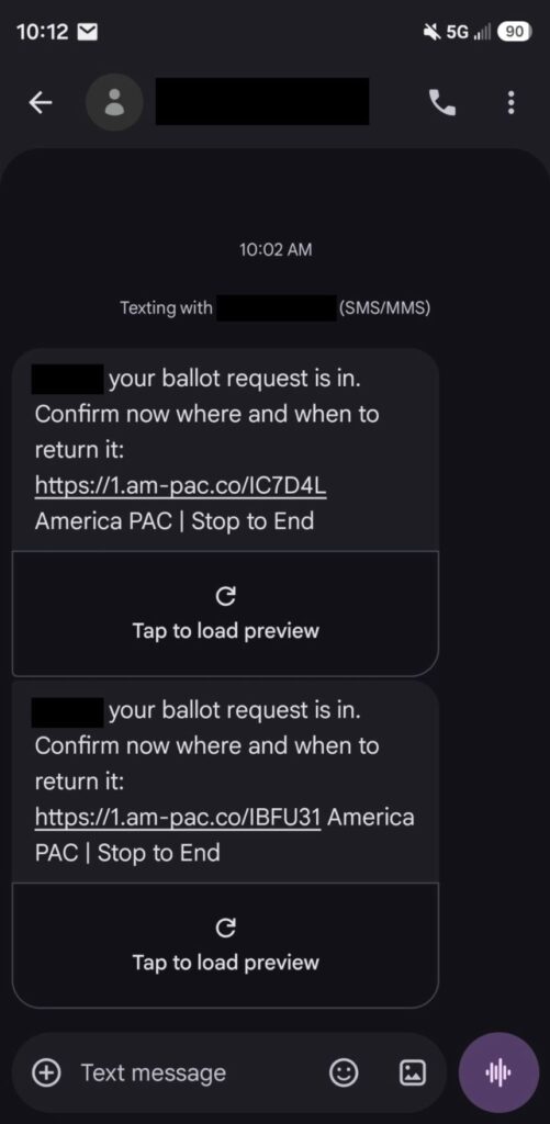 This screenshot shows text messages from a group affiliated with Elon Musk that provided inaccurate voting information. CNN has redacted portions of the image to protect personal privacy.