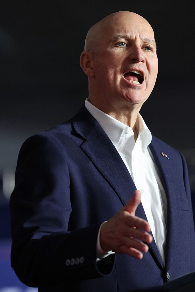 Sen. Pete Ricketts speaks during a campaign rally with President Donald Trump ain Grand Island, Nebraska, on October 5.