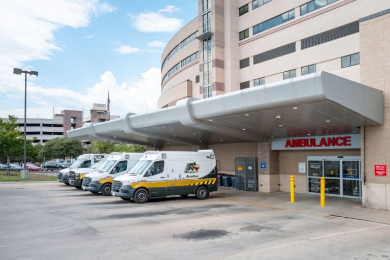 Ambulances are stationed at a hospital in Austin, Texas, on September 2, 2026.