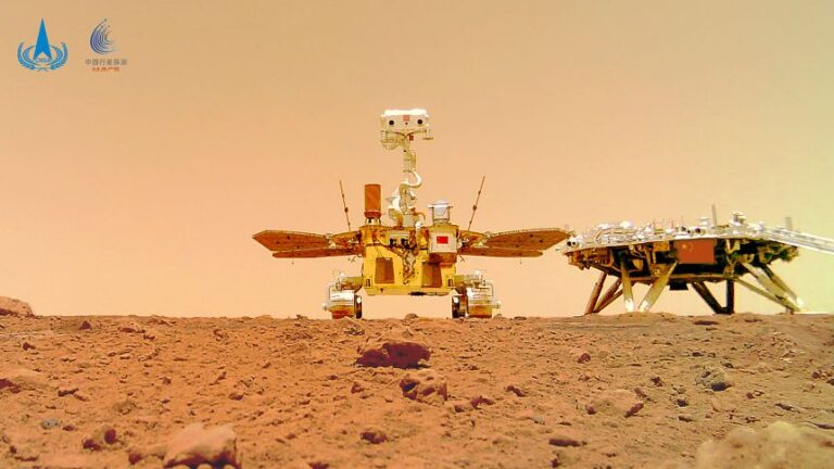 China's Zhurong rover sits near its landing platform on Mars on June 11, 2021, taken by a remote camera dropped by the rover. (CNSA via AP)