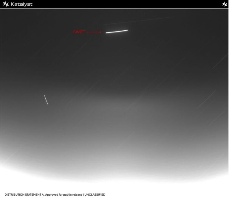 Swift appears as a streak in an image taken by LINK spacecraft as it passed within 7.5 and 9 miles.