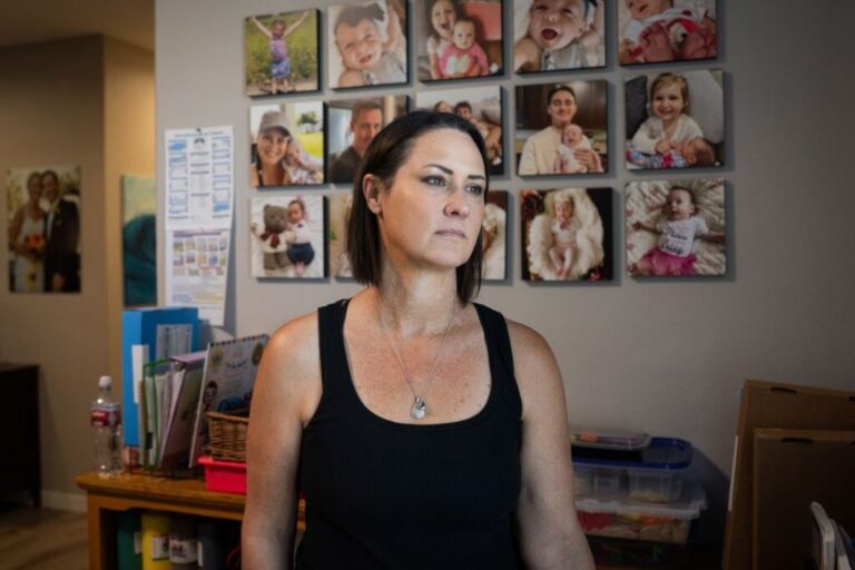 Emily Marris, 51, stands at her home in Murrieta, California on March 27, 2026. In 2025, her daughter Brooklyn “Brookie” Marris, 2, was hospitalized and went into cardiac arrest three times after consuming unpasteurized goat milk. Emily, who was worried about breastfeeding while taking medication sought raw milk as an alternative option. “I’m forever changed,” said Emily, who is concerned for her daughter’s future health and development.