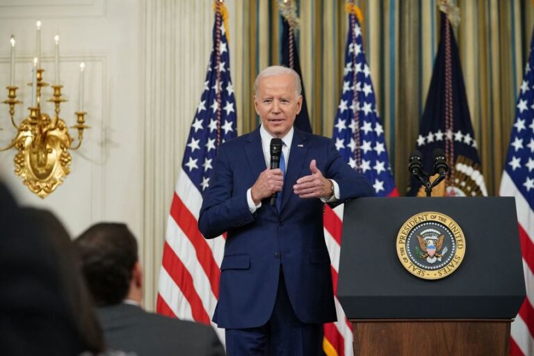 President Joe Biden speaks during a press conference a day after the 2022 midterm elections, from the State Dining Room of the White House, on November 9, 2022.