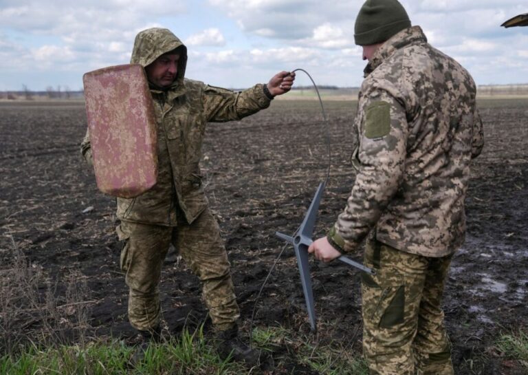 Servicemen of the 68th Oleksa Dovbush Separate Jaeger Brigade of the Armed Forces of Ukraine set up Starlink satellite internet system near the frontline town of Pokrovsk in Donetsk region on April 10, 2025.