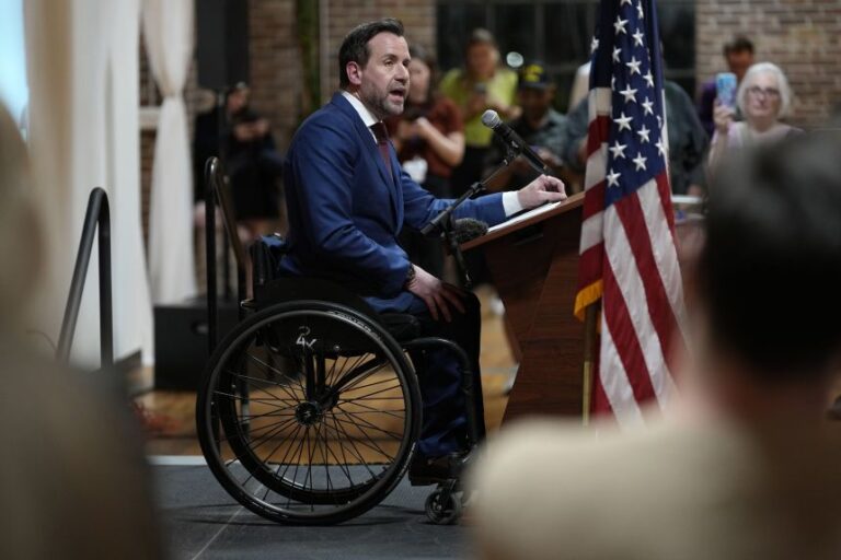 Iowa Democratic US Senate candidate Josh Turek speaks during a primary night rally at The Loft in Des Moines on June 2.