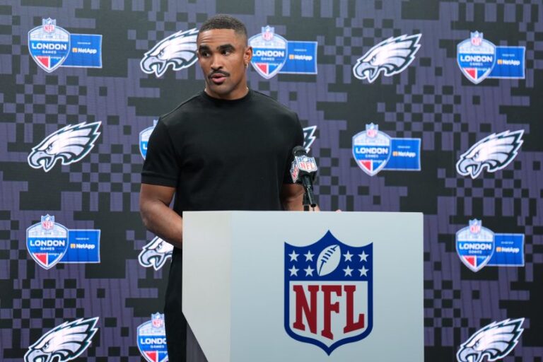 Philadelphia Eagles quarterback Jalen Hurts speaks at a news conference after his team's loss to the Jaguars in London.