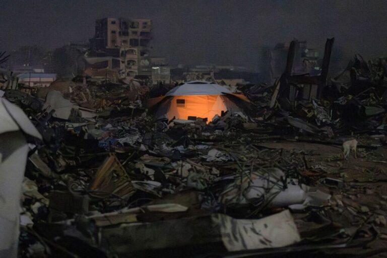 A tent is surrounded by rubble in Jabaliya, northern Gaza, on February 10, 2025.